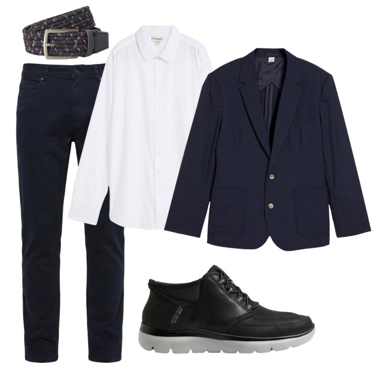 Outfit uomo - In ufficio. Stile Business/Elegante per Ufficio. Abbinamento con pantaloni, cinture, camicie, giacche, sneakers.