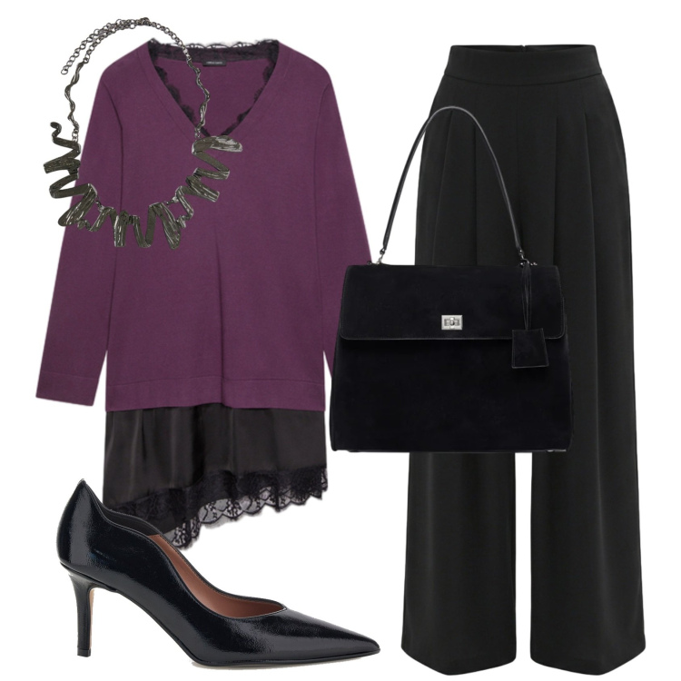 Outfit donna - Aperitivo autunnale. Stile Casual chic per Serata fuori. Abbinamento con borse a mano, ciondoli, maglieria, pantaloni a palazzo, décolleté.