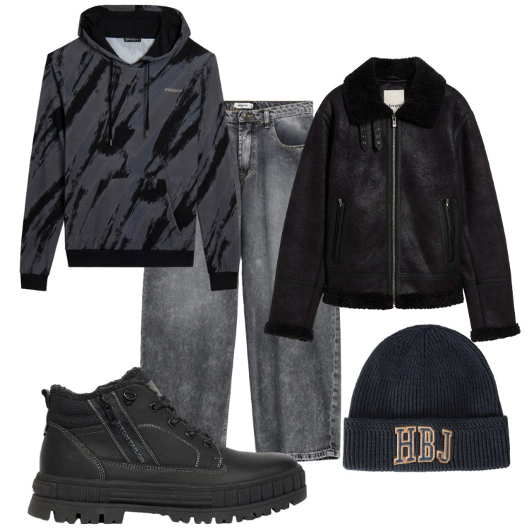 Outfit uomo - Total look #2495822. Stile Urban per Tutti i giorni. Abbinamento con berretti, jeans, felpe con cappuccio, giacche, stivali e stivaletti.