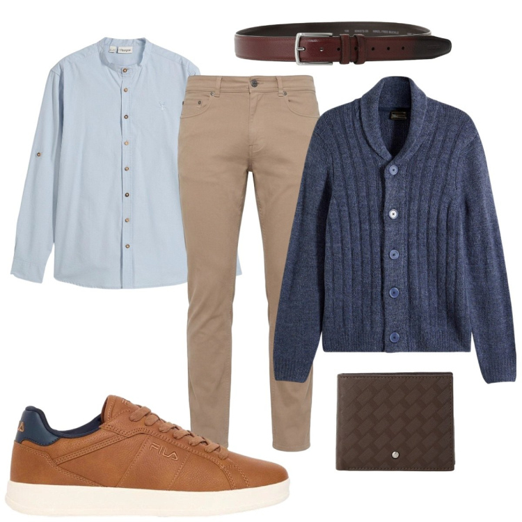 Outfit uomo - In ufficio. Stile Trendy per Ufficio. Abbinamento con pantaloni, cinture, portafogli, cardigans, camicie, sneakers.