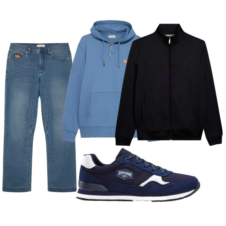 Outfit uomo - Total look #2495824. Stile Casual per Tutti i giorni. Abbinamento con bomber, sneakers, jeans, felpe con cappuccio.