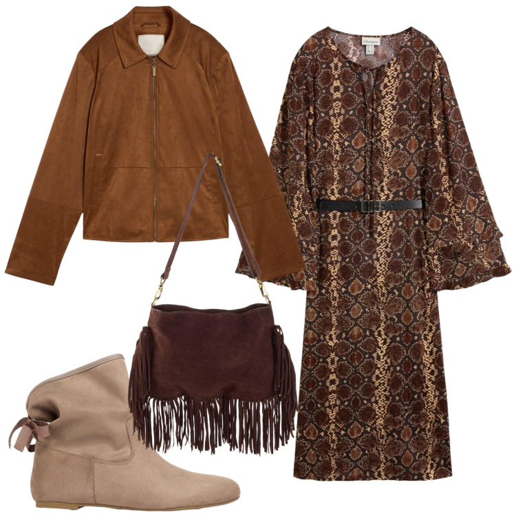 Outfit donna - Sfumature autunno. Stile Boho per Tutti i giorni. Abbinamento con vestiti midi/longuette, blazer, stivaletti, borse a tracolla.