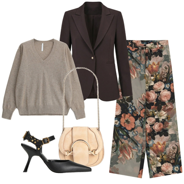 Outfit donna - Flowers. Stile Chic per Ufficio. Abbinamento con pantaloni a palazzo, maglieria, blazer, marsupi, décolleté.