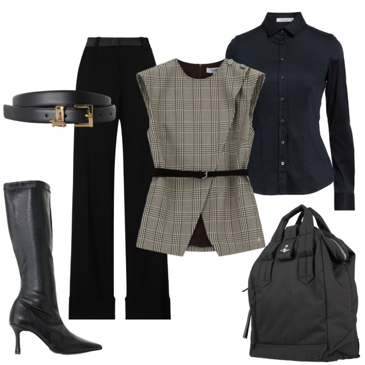 Outfit donna - Total look. Stile Trendy per Tutti i giorni. Abbinamento con cinture, stivali, gilet, pantaloni, camicie, zaini.