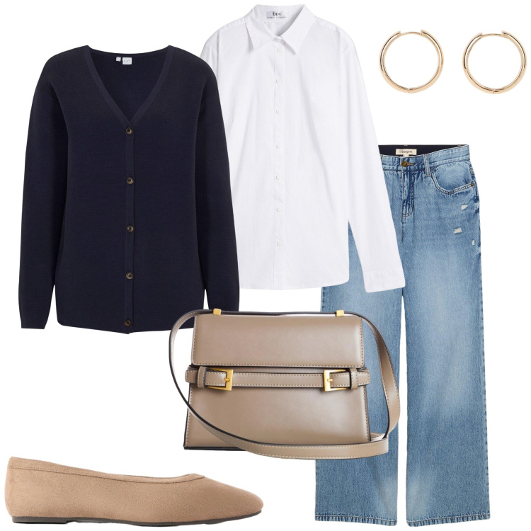 Outfit donna - Chic style. Stile Casual chic per Tutti i giorni. Abbinamento con cardigans, camicie, jeans, orecchini, borse a tracolla, ballerine.