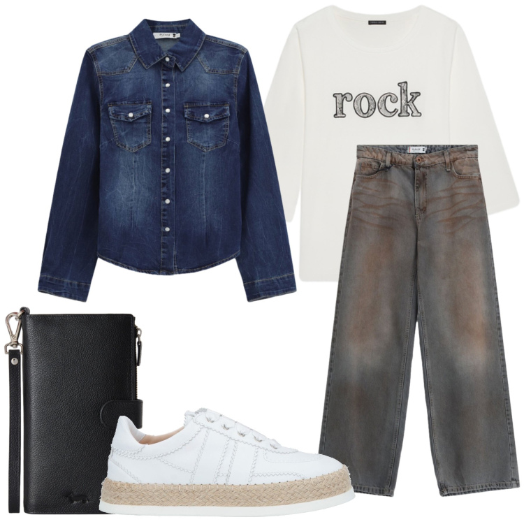 Outfit donna - Rock. Stile Vintage retrò per Tutti i giorni. Abbinamento con portafogli, t-shirt, camicie, jeans dritti, espadrillas.