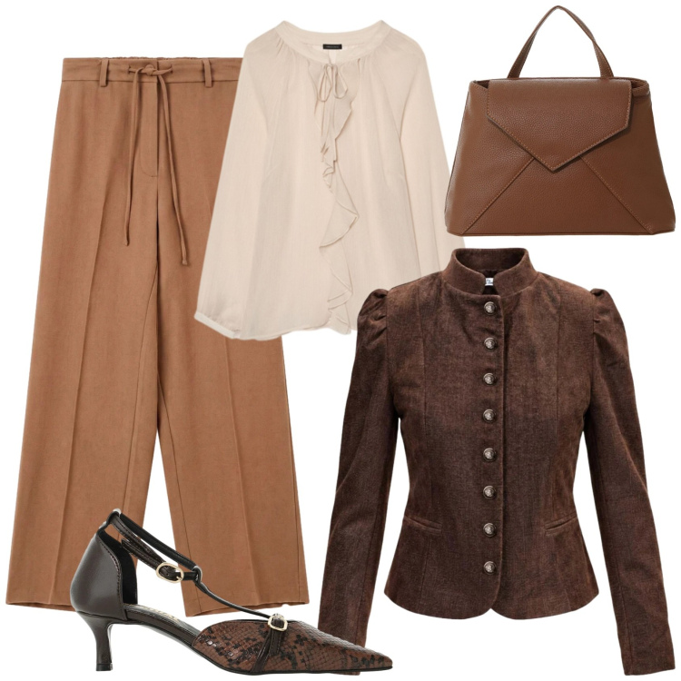 Outfit donna - Toni caldi. Stile Casual chic per Tutti i giorni. Abbinamento con blazer, pantaloni a palazzo, décolleté, borse a mano, bluse.