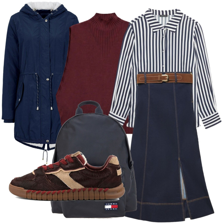 Outfit donna - In giro per gli Uffizi. Stile Casual chic per Tutti i giorni. Abbinamento con maglieria, camicie, gonne lunghe, parka, sneakers, zaini.