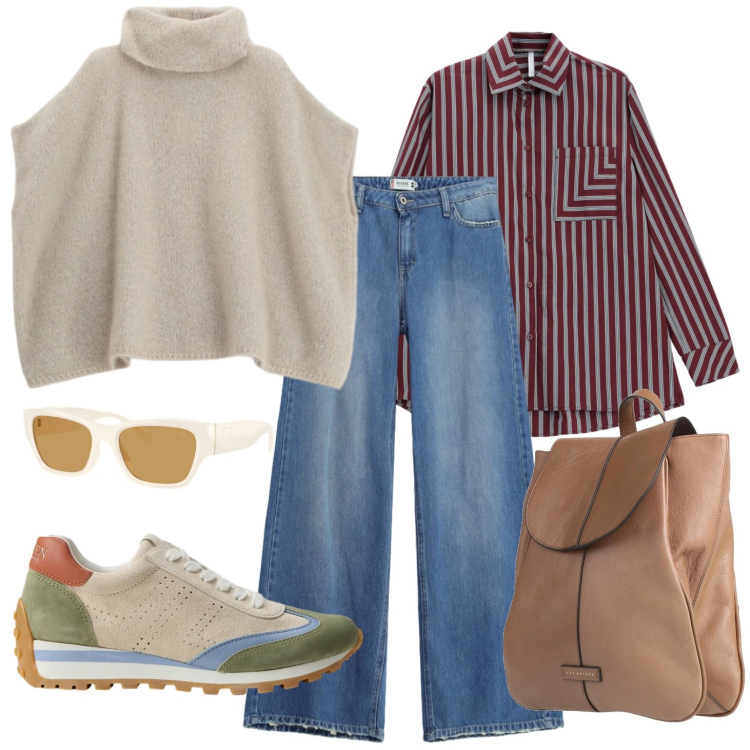 Outfit donna - Maglione poncho per la sera. Stile Casual chic per Tutti i giorni. Abbinamento con camicie, maglieria, jeans dritti, sneakers, occhiali da sole, zaini.
