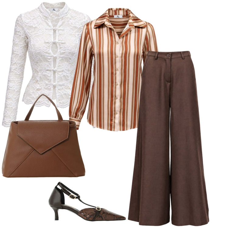 Outfit donna - Autunno e bianco. per Ufficio. Abbinamento con pantaloni a palazzo, top, camicie, borse a mano, décolleté.