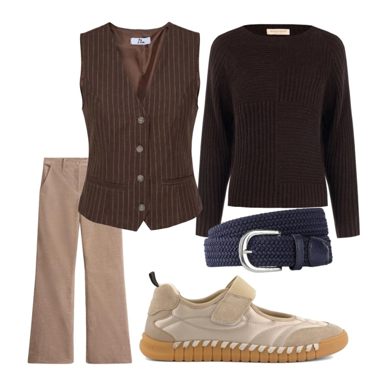 Outfit donna - Pantaloni eleganti. Stile Preppy per Scuola/Università. Abbinamento con gilet, maglieria, cinture, ballerine, pantaloni.