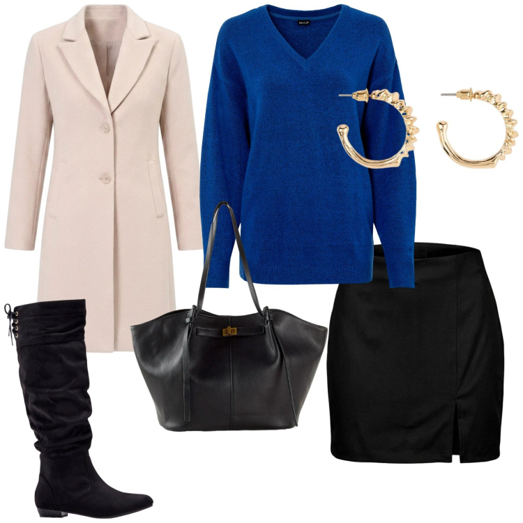 Outfit donna - Gonna Mini e stivali. per Tutti i giorni. Abbinamento con minigonne, cappotti, maglieria, stivali, shopping bag, orecchini.