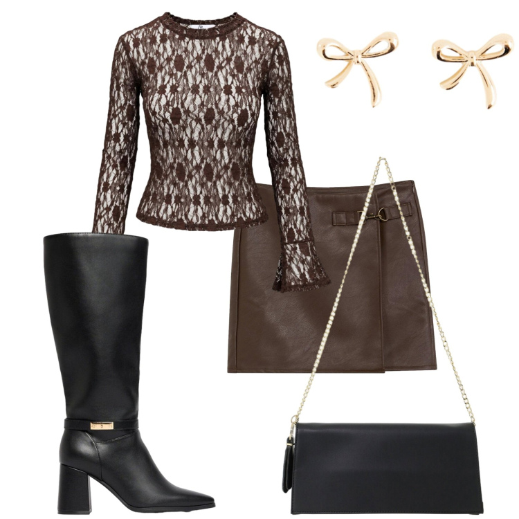 Outfit donna - Fiocchi per la sera. Stile Trendy per Serata fuori. Abbinamento con top, borse a tracolla, gonne, stivali, orecchini.