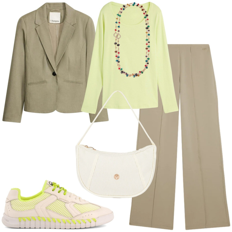 Outfit donna - Casual chic. Stile Casual chic per Tutti i giorni. Abbinamento con collane, pantaloni, borse a mano, maglieria, sneakers, blazer.