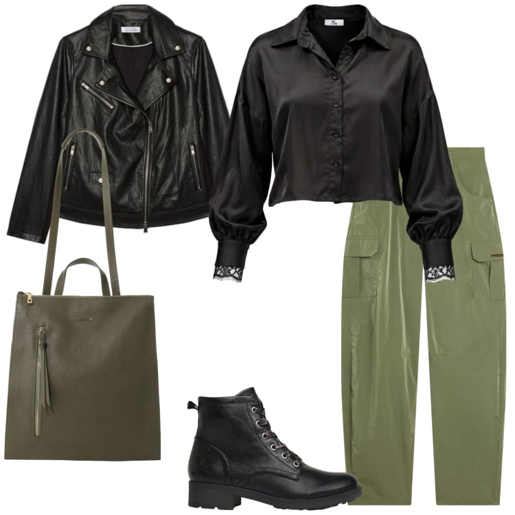 Outfit donna - Verde. per Tutti i giorni. Abbinamento con camicie, borse a tracolla, giacche, pantaloni cargo, anfibi.