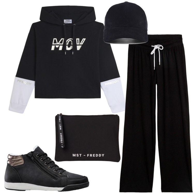 Outfit donna - Sport. Stile Casual per Sport. Abbinamento con felpe con cappuccio, pochette, pantaloni, sneakers alte, cappelli con visiera.