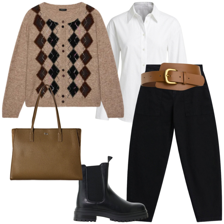Outfit donna - Ogni giorno. per Scuola/Università. Abbinamento con shopping bag, stivaletti chelsea, cardigans, camicie, pantaloni, cinture.