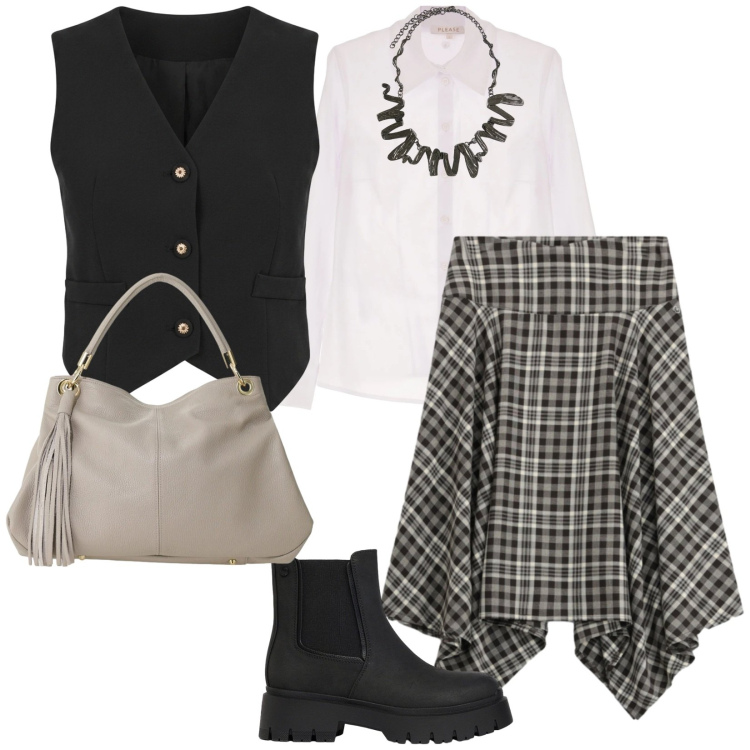 Outfit donna - Temperatura mite. per Tutti i giorni. Abbinamento con borse a spalla, ciondoli, camicie, gonne longuette, gilet, stivaletti.