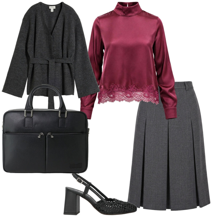 Outfit donna - A lavoro. per Ufficio. Abbinamento con bluse, borse messenger, gonne longuette, décolleté, cardigans.