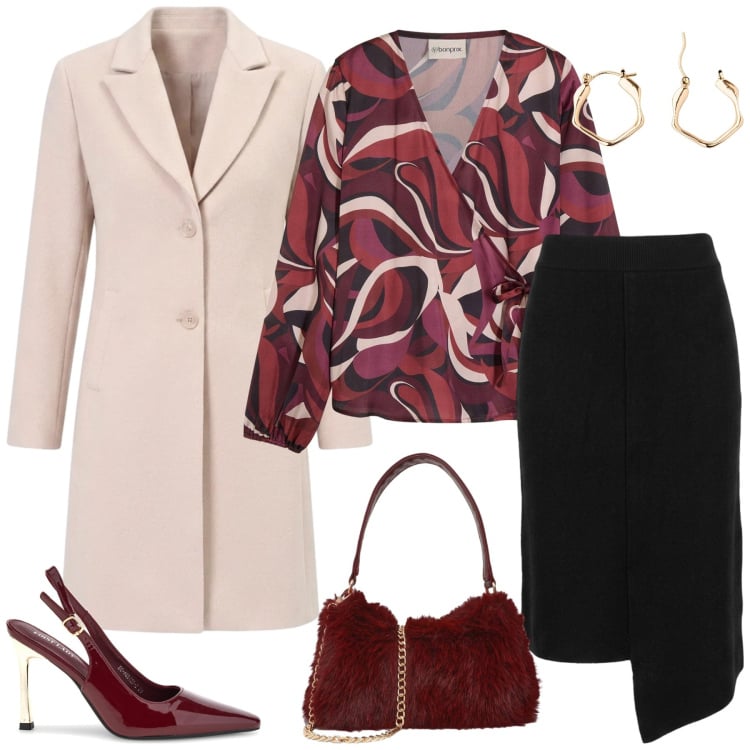 Outfit donna - Total look #2495881. Stile Chic per Serata fuori. Abbinamento con cappotti, gonne lunghe, borse a spalla, orecchini, camicie, décolleté.