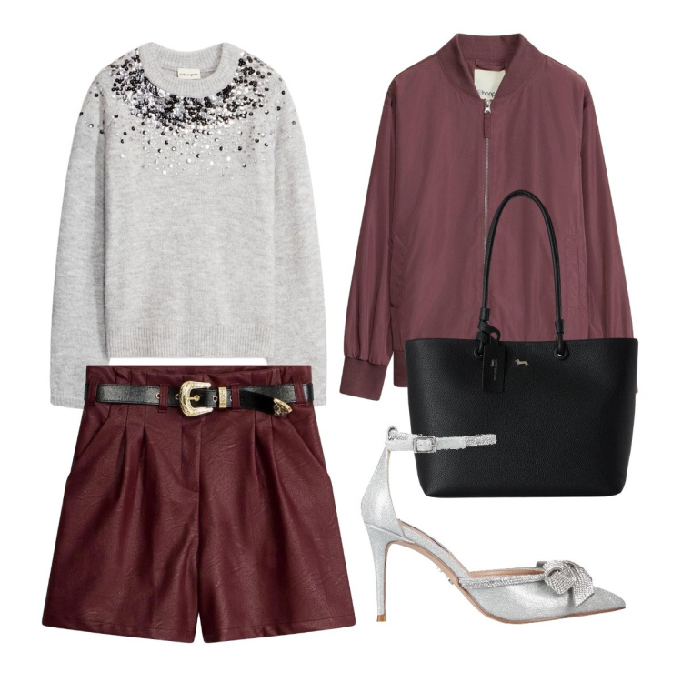 Outfit donna - Shorts stilosi in similpelle. Stile Bon Ton per Serata fuori. Abbinamento con shopping bag, décolleté, bomber, maglieria, shorts.