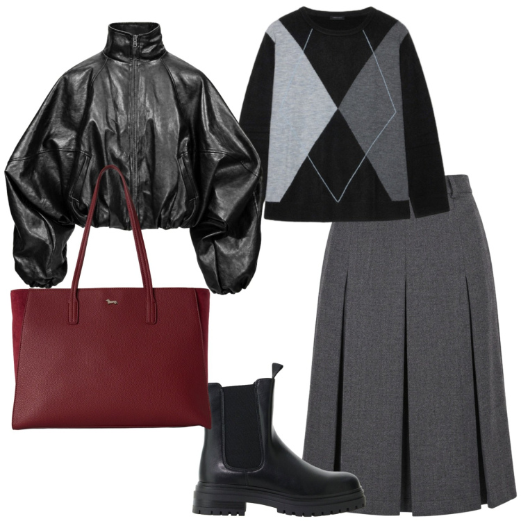 Outfit donna - Urban. per Tutti i giorni. Abbinamento con bomber, shopping bag, stivaletti chelsea, maglieria, gonne longuette.