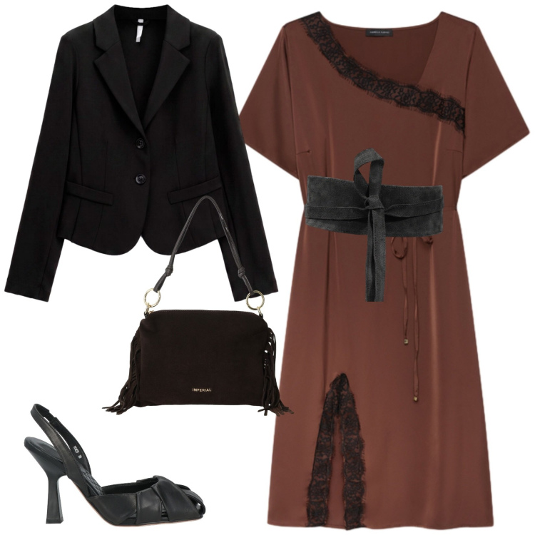 Outfit donna - Cena con tutti. per Serata fuori. Abbinamento con cinture, blazer, borse a spalla, vestiti midi/longuette, décolleté.