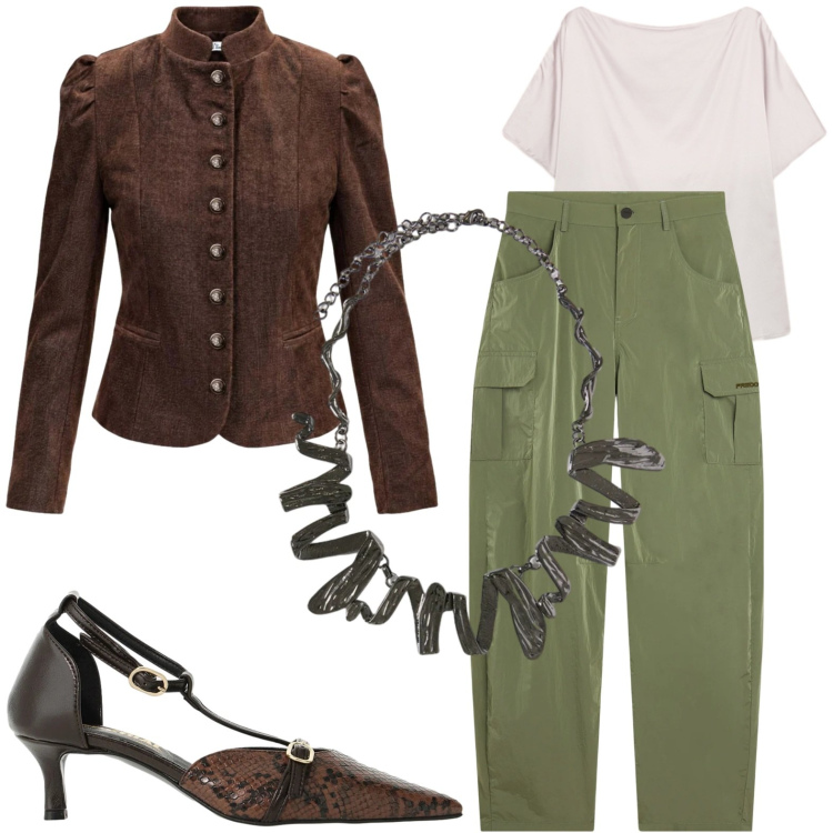 Outfit donna - Cargo con grinta. Stile Casual chic per Ufficio. Abbinamento con blazer, décolleté, bluse, ciondoli, pantaloni cargo.