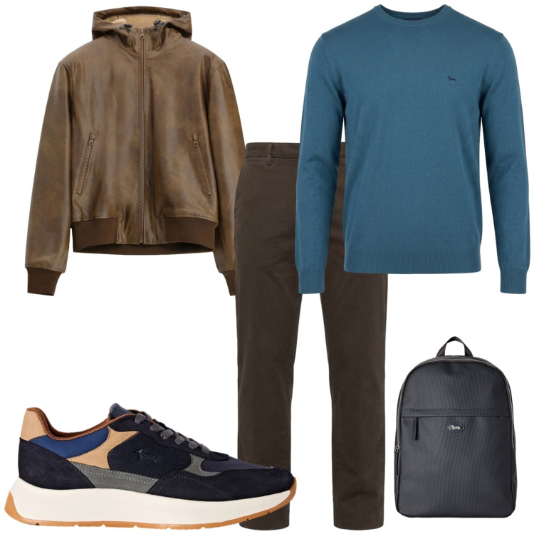 Outfit uomo - Weekend fuori porta. Stile Casual per Tutti i giorni. Abbinamento con borse sportive, sneakers, maglieria, pantaloni, bomber.