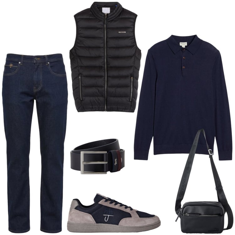 Outfit uomo - Total look #2495904. Stile Casual per Ufficio. Abbinamento con jeans, borse sportive, sneakers, cinture, piumini, maglieria.