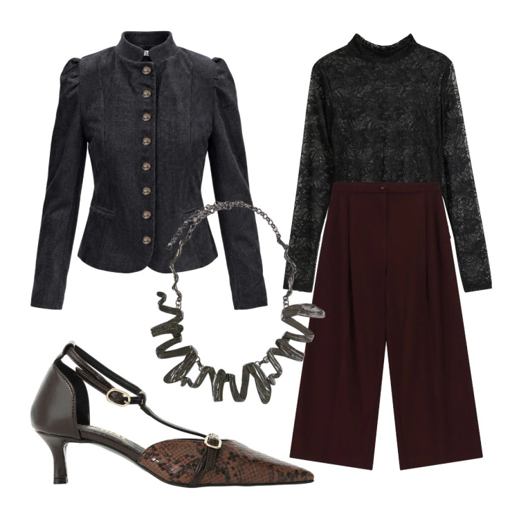 Outfit donna - Sto andando in centro. Stile Rock per Serata fuori. Abbinamento con blazer, pantaloni a palazzo, décolleté, ciondoli, body.