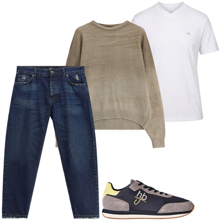 Outfit uomo - Total look #2495909. Stile Casual per Tutti i giorni. Abbinamento con sneakers, t-shirt, jeans, maglieria.