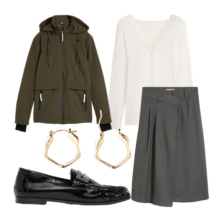 Outfit donna - Orecchini dal fascino Particolare. Stile Preppy per Scuola/Università. Abbinamento con gonne longuette, t-shirt, blazer, orecchini, mocassini.
