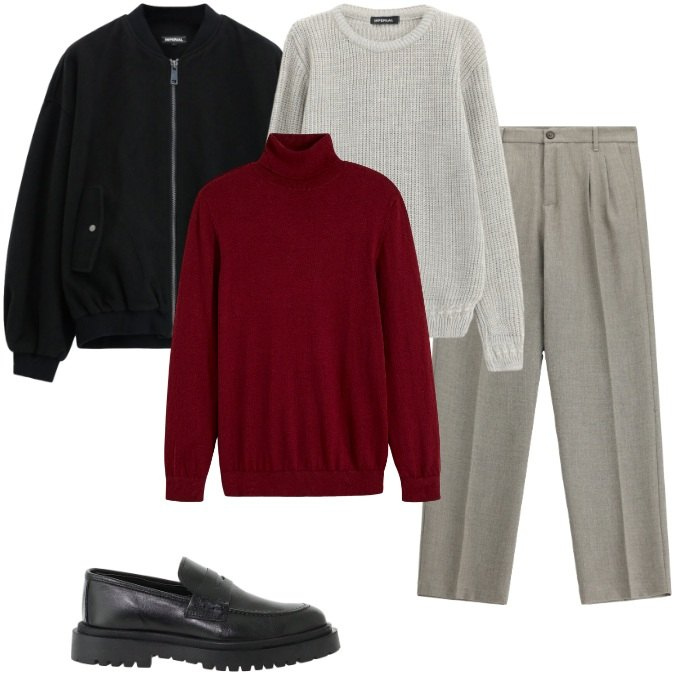 Outfit uomo - Total look #2495920. Stile Business/Elegante per Ufficio. Abbinamento con pantaloni, scarpe stringate, maglieria, bomber, maglieria.