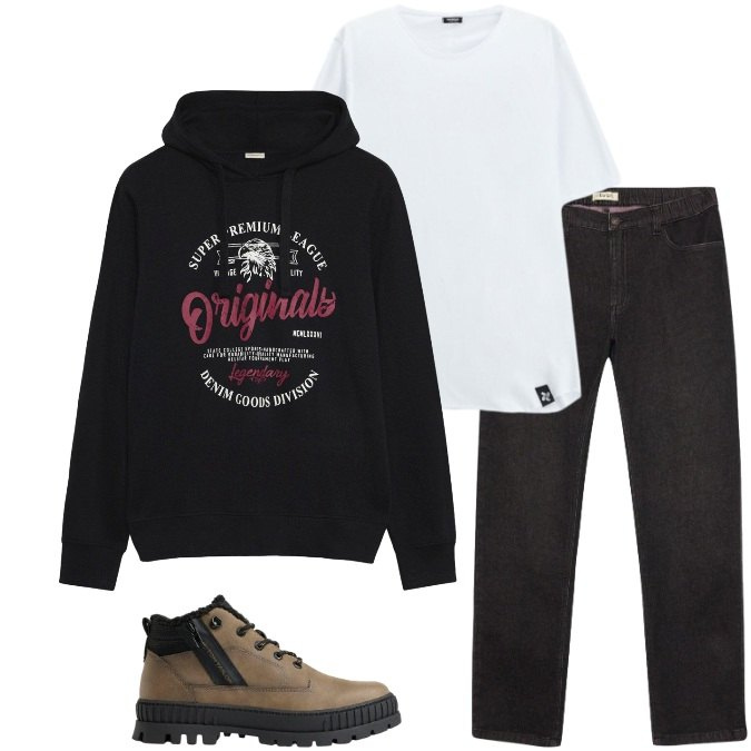 Outfit uomo - Total look #2495923. Stile Urban per Tutti i giorni. Abbinamento con t-shirt, stivali e stivaletti, felpe con cappuccio, jeans dritti.