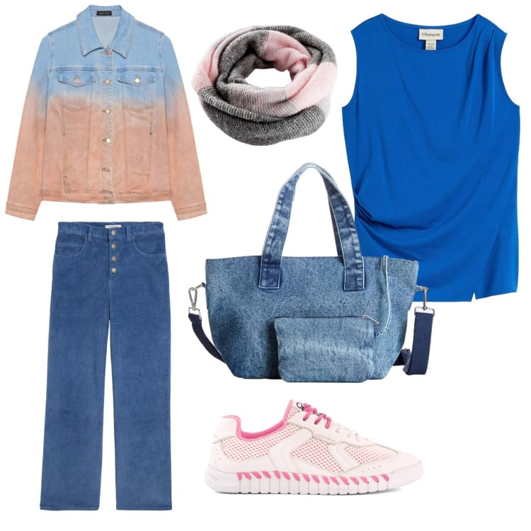 Outfit donna - Blue and Pink. Stile Romantica per Scuola/Università. Abbinamento con blazer, pantaloni, borse a mano, top, sneakers, foulard.