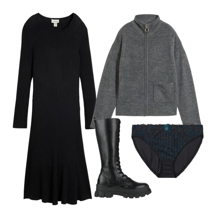 Outfit donna - Compleanno a casa 2. Stile Minimal per Cerimonia. Abbinamento con stivali, vestiti, culotte, cardigans.