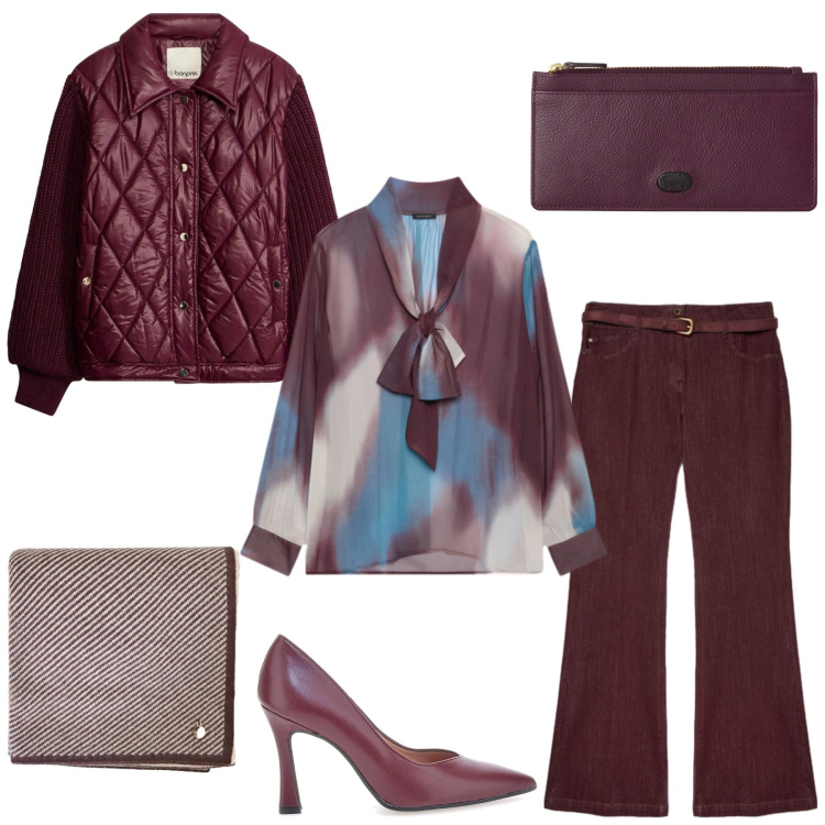 Outfit donna - Aperitivo glam. Stile Glamour per Serata fuori. Abbinamento con portafogli, bluse, jeans, sciarpe, décolleté, bomber.