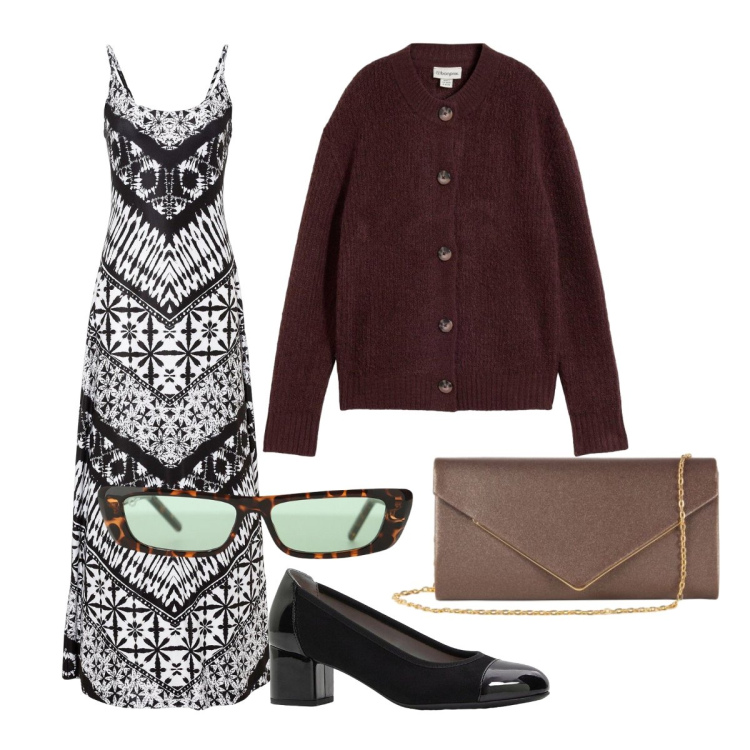 Outfit donna - Oggi mi vesto cosi. Stile Etnico per Tutti i giorni. Abbinamento con occhiali da sole, clutch, décolleté, vestiti lunghi, cardigans.