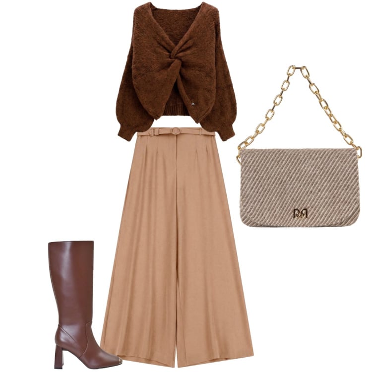 Outfit donna - Autumn in love. Stile Minimal per Serata fuori. Abbinamento con pantaloni a palazzo, maglieria, borse a spalla, stivali sopra il ginocchio.