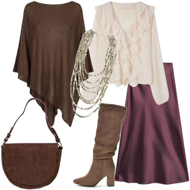 Outfit donna - Stile Boho Chic autunnale. Stile Boho per Serata fuori. Abbinamento con cappotti, borse a spalla, collane, gonne lunghe, bluse, stivali.