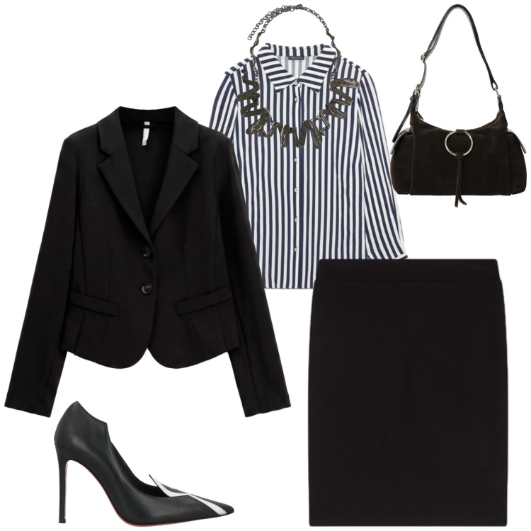 Outfit donna - Total look #2495951. Stile Chic per Ufficio. Abbinamento con blazer, borse a spalla, camicie, ciondoli, gonne longuette, décolleté.