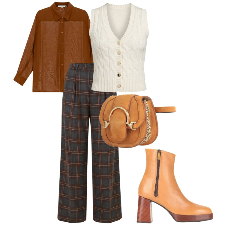 Outfit donna - Autumn weekend. Stile Casual chic per Ufficio. Abbinamento con maglieria, camicie, pantaloni a palazzo, stivaletti, marsupi.