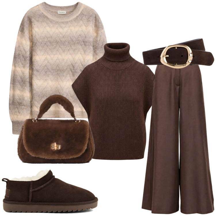 Outfit donna - Total look #2495953. Stile Casual chic per Tutti i giorni. Abbinamento con pantaloni a palazzo, maglieria, borse a mano, stivali, cinture, maglieria.