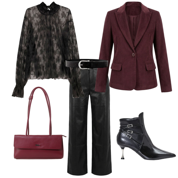 Outfit donna - Serata Halloween. Stile Glamour per Serata fuori. Abbinamento con bluse, borse a spalla, stivaletti, pantaloni, blazer, cinture.