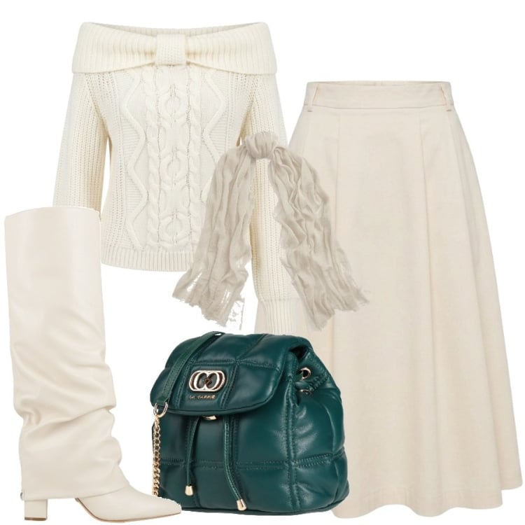 Outfit donna - Chic in bianco panna. Stile Romantica per Cerimonia. Abbinamento con gonne longuette, maglieria, sciarpe, valigie, stivali.