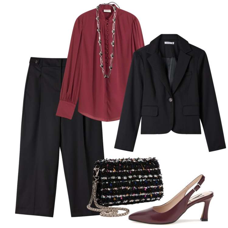 Outfit donna - Dettagli luminosi all’aperitivo. Stile Glamour per Serata fuori. Abbinamento con collane, clutch, blazer, pantaloni, bluse, décolleté.