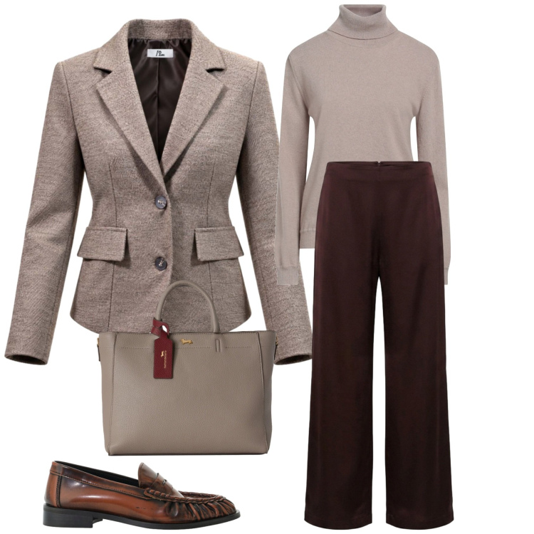 Outfit donna - Giacca cammello.. Stile Bon Ton per Tutti i giorni. Abbinamento con blazer, borse a mano, pantaloni a palazzo, mocassini, maglieria.