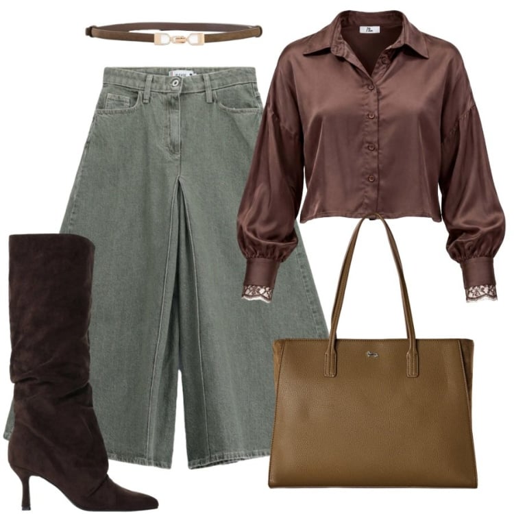 Outfit donna - L'eleganza del marrone. Stile Sporty chic per Tutti i giorni. Abbinamento con camicie, shopping bag, stivali, pantaloni, cinture.