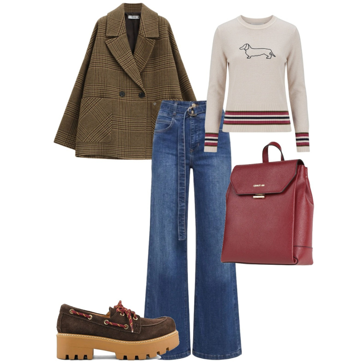 Outfit donna - Casual chic city. Stile Casual chic per Tutti i giorni. Abbinamento con maglieria, blazer, jeans, zaini, mocassini.